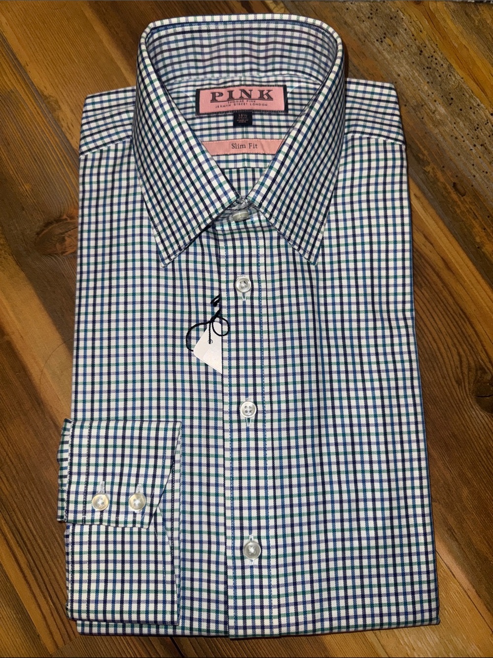 Thomas Pink White Dress Shirt with Blue, Purple & Green Check